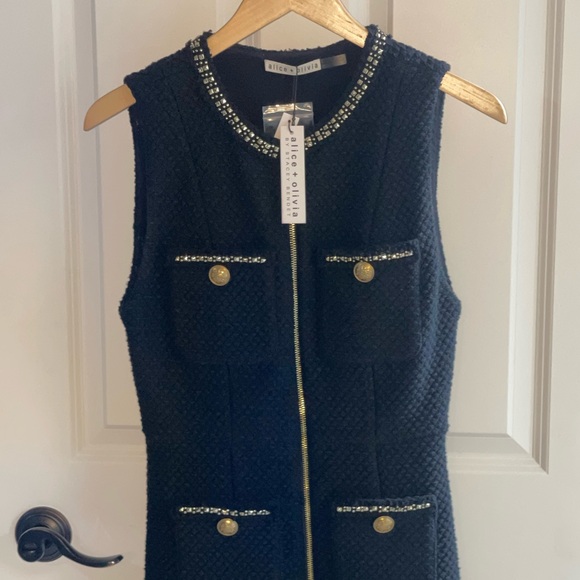 NWT ALICE + OLIVIA LACHLAN BLACK LINED MINI DRESS POCKETS GOLD BUTTONS Size 2 - Picture 3 of 10